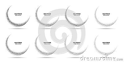 Halftone circle dotted frame circularly distributed set. Circle dots logo emblem halftone dots pattern. Vector. Vector Illustration