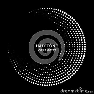 Halftone circle frame with white abstract dots on black background. Logo design element. Vector. Vector Illustration