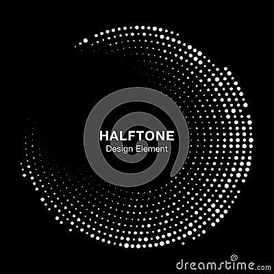 Halftone circle frame with white abstract random dots on black background. Logo design element. Vector. Vector Illustration