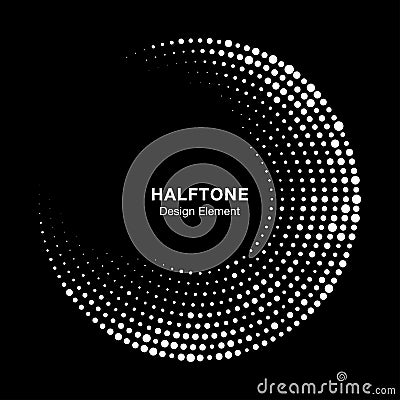 Halftone circle frame with white abstract random dots on black background. Logo design element. Vector. Vector Illustration