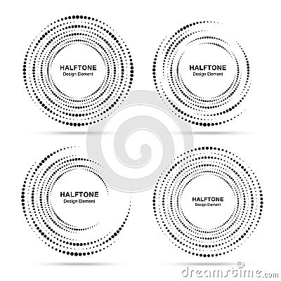 Halftone circular vortex dotted frame set. Circles swirl dots isolated on white background. Logo design element. Vector Illustration