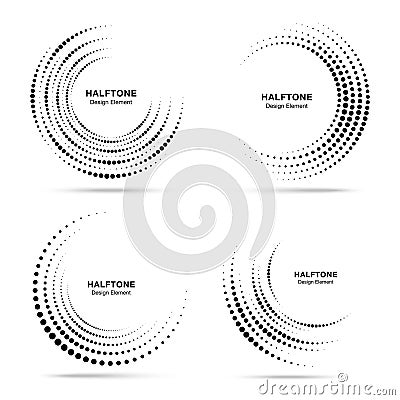 Halftone circular vortex dotted frame set. Circles swirl dots isolated on white background. Logo design element. Vector Illustration