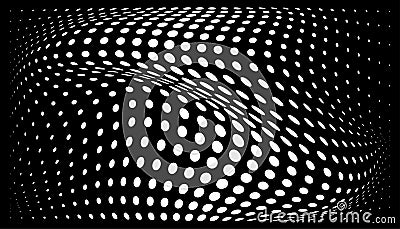 Halftone convex distorted gradient circle dots background. Horizontal template using halftone dots pattern. Vector Vector Illustration