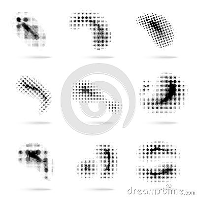 Halftone dots shapes. Abstract swirl, dotted wave design. Geometric elements, circular gradient texture. Art modern Vector Illustration