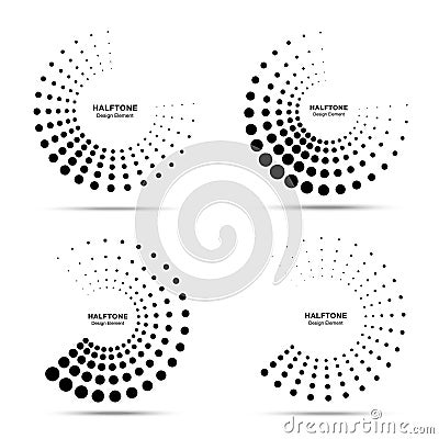 Halftone dotted circle frame abstract dots emblem set. Half moon. Round halftone circle dots raster texture. Vector Vector Illustration