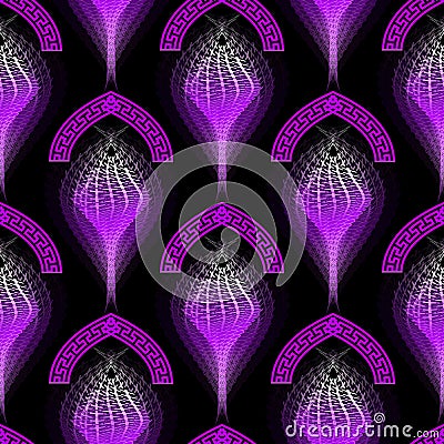 Halftone glowing colorful greek vector seamless pattern. Ornamental geometric purple fractal shapes background. Ancient violet Vector Illustration