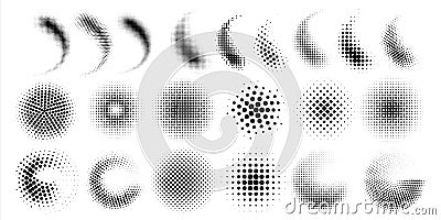 Halftone gradient spray. Dots and circles half tone graphic elements. Black points round shapes or curved smears. Comic Vector Illustration