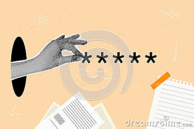 Halftone hand password. Manual input pin code passwords key to access phone computer web security, hacker hands enters Vector Illustration