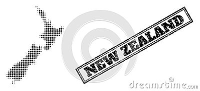 Halftone Map of New Zealand and Textured Framed Seal Vector Illustration