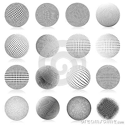 Halftone sphere. Abstract gradient dotted texture globe elements, round halftone vector symbols illustration set Vector Illustration