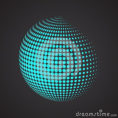 Halftone sphere. Isolated abstract earth logo on black Vector Illustration