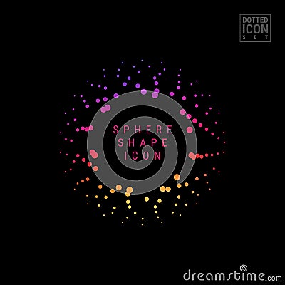 Halftone Vector Spherical Shape Frame Isolated on Black Background. Modern Bright Gradient Halftone Sphere, Sample Text Vector Illustration