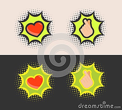 Halftone style boom bubble with heart and finger heart inside. Vector Illustration