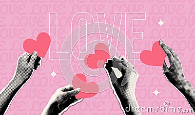 Halftone torn out collage Hands holding hearts. Valentine's day banner template. Give and share love to people Vector Illustration