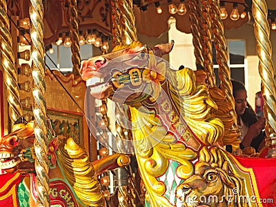 Close up of a vintage carousel horses in the public square at Halifax piece hall west yorkshire Editorial Stock Photo