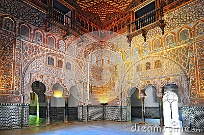 Hall of Ambassadors ornate interior in the Royal Alcazar of Seville, Andalusia, Spain Editorial Stock Photo