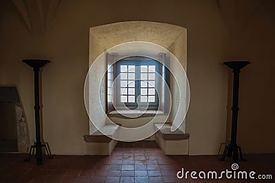 Hall with bench and window at the Castle of Evoramonte Stock Photo