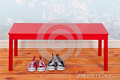 Hall with blue vintage wall paper and red bench Stock Photo