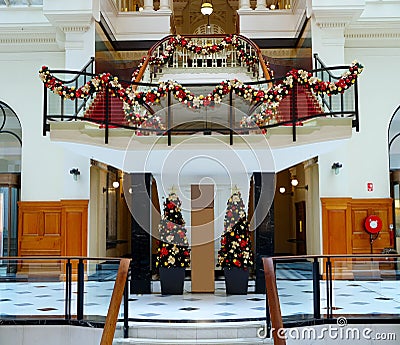 Hall decorations to Christmas holidays, beautiful historical building with stairs Stock Photo