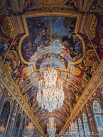 Hall of Mirrors (Galerie des glaces) in the palace of Versailles, France. The residence of the sun king Louis XIV Editorial Stock Photo