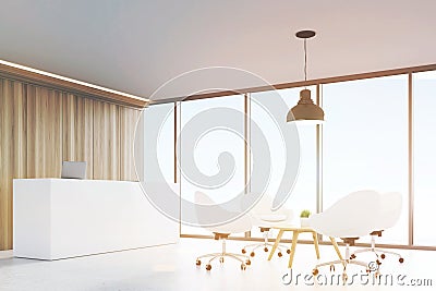 Hall with wooden walls, large panoramic window a black ceiling lamp hanging above a coffee table surrounded by white office chairs Stock Photo