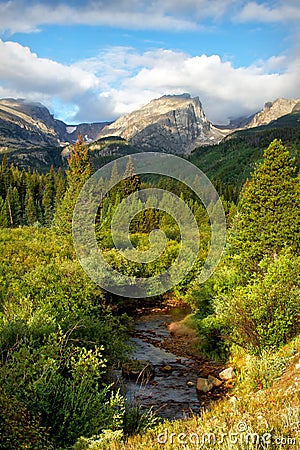 Hallett Peak and Storm Pass Trail on a summer Day Stock Photo