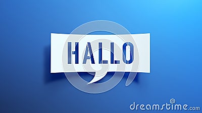Hallo - Speech Bubble. Minimalist Abstract Design With White Cut Out Paper on a Blue Background. Stock Photo