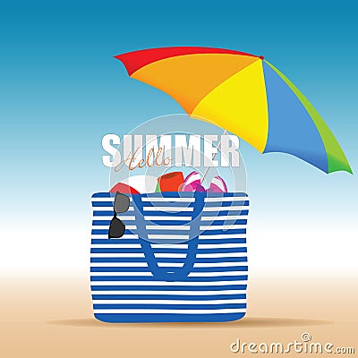 Hallo summer on color bag with beach accesoir illustration Vector Illustration