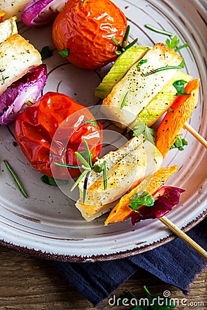 Halloumi cheese and vegetables grilled skewers Stock Photo