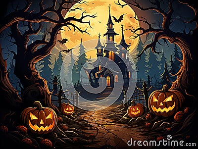 halloweek greeting digital card, pumpkins and castle, dark colors Stock Photo
