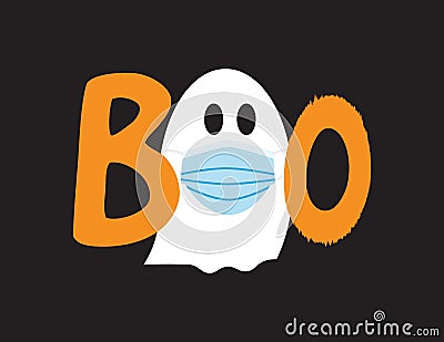 Boo icon with White ghost wearing Blue surgical mask and Orange letters Vector Illustration