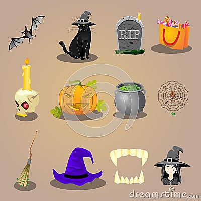 Halloween accessories and characters icons set Vector Illustration