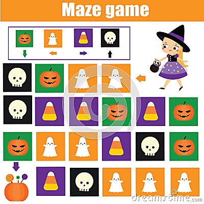Halloween activity. Maze game. Labyrinth with navigation. Help girl find sweets Vector Illustration