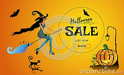 Halloween ale promotion poster, banner with a beautiful black witch on a broomstick, a black cat and a fun pumpkin. Vector illustr Vector Illustration