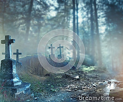 Halloween art design background. Foggy graveyard Stock Photo