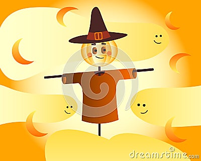 Halloween autumn illustration, scarecrow - pumpkin in hat and shirt and flying ghosts, design for home decoration Cartoon Illustration