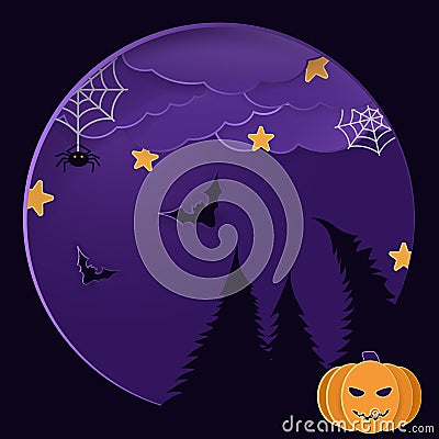 Halloween background. Bats, trees, and a pumpkin head in a dark sky with clouds Vector Illustration