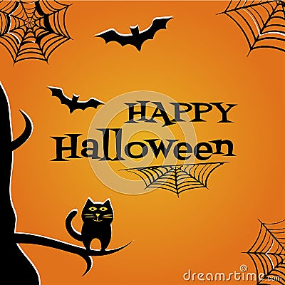 Halloween background with black cat, bats, cobweb and inscription Happy Halloween. Vector Cartoon Illustration