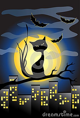 Halloween background with black cat and full moon Vector Illustration