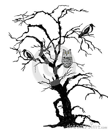 Halloween background. Halloween black scary tree with ravens and owl. Hand drawn ink and watercolor illustration Cartoon Illustration