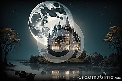 Halloween background with castle and full moon. 3D rendering Stock Photo