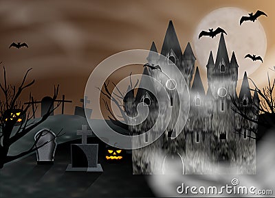Halloween background. Castle and graveyard with gravestones. Banner or poster for party and sale. Vector Vector Illustration