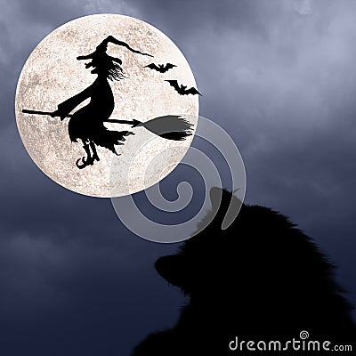 Halloween background with cat, bats, full moon and flying witch Stock Photo