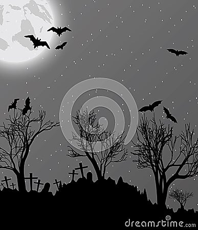 Halloween background with cemetry, bats and moon Vector Illustration