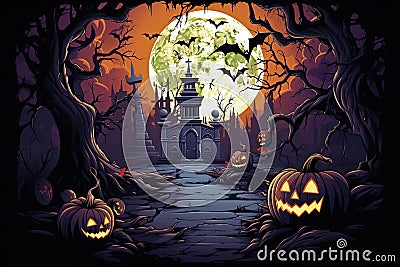 Halloween background design with 404 Timeout Error webpage with a graveyard backdrop, misty atmosphere, and ghostly vector Cartoon Illustration
