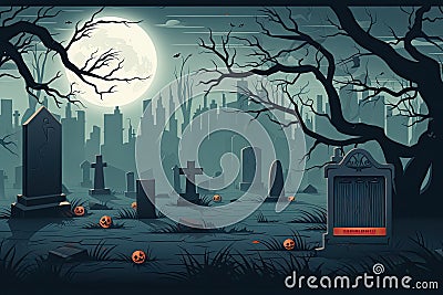 Halloween background design with 404 Timeout Error webpage with a graveyard backdrop, misty atmosphere, and ghostly vector Cartoon Illustration