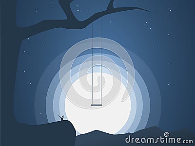 Halloween background with empty swing on a tree with full moon. Vector Illustration