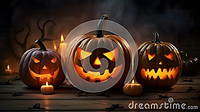 Halloween pumpkins and candles on wooden background. 3d rendering Stock Photo