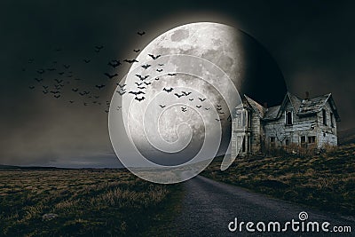 Halloween background with full moon and creepy house Stock Photo