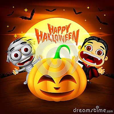 Halloween Background with funny characters. Dracula, Mummy and Pumpkins Illustration. Vector Vector Illustration